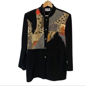 VTG City Girl By Nancy Bolen Blk Button-Up Shirt Sz M Leopard Theme Embroidered